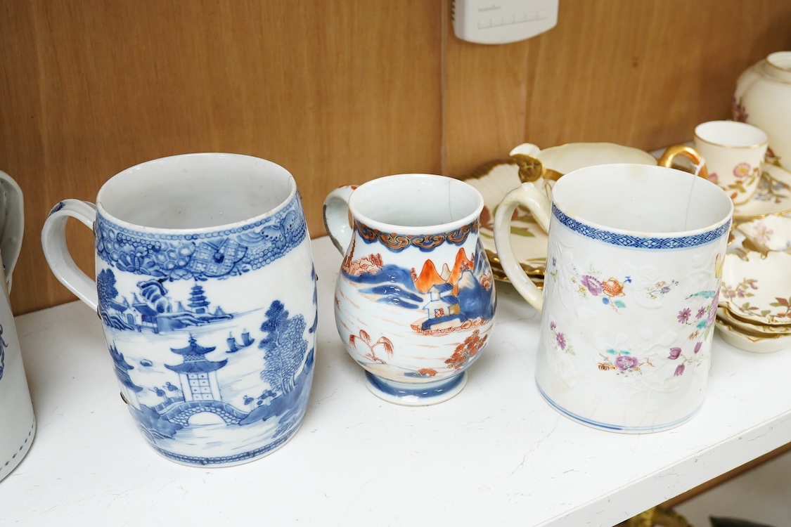 Four 18th century Export and later Chinese mugs to include a blue and white example, (a.f), largest 15cm high